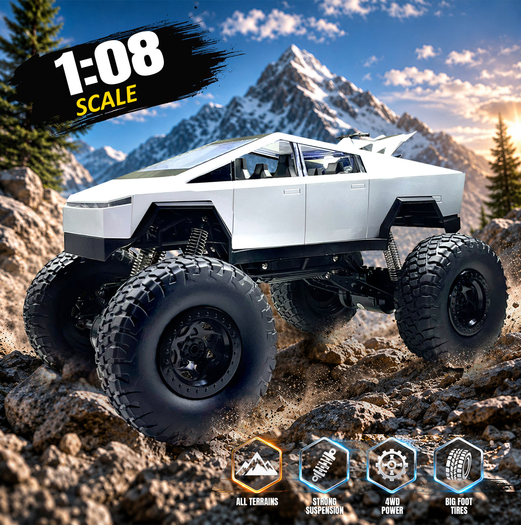 MYTOYS 1:8 Scale Tesla Cybertruck Monster RC Car – 4WD All-Terrain Off-Road Remote Control Truck with Metal Shell & LED Headlights (Silver)