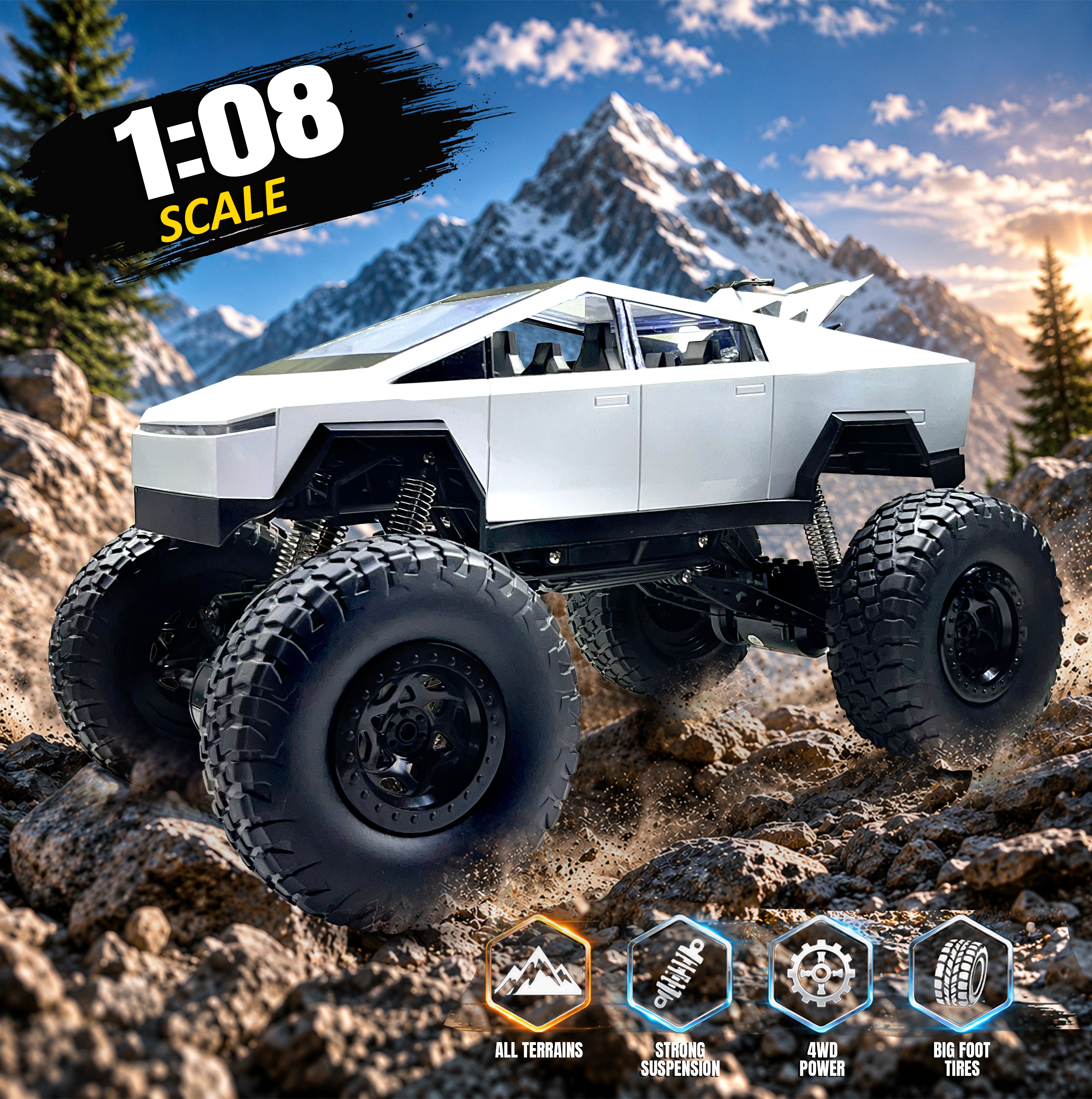 MYTOYS 1:8 Scale Tesla Cybertruck Monster RC Car – 4WD All-Terrain Off-Road Remote Control Truck with Metal Shell & LED Headlights (Silver)