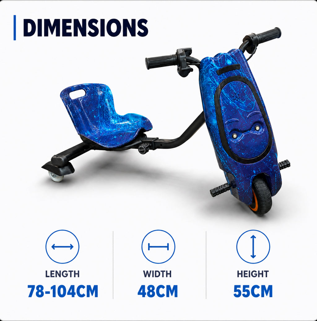 36V Electric Drift Scooter for Kids (Ages 4+) - 3-Speed Modes, 360° Rotating Tricycle, Bluetooth Music, Multicolor LED Lights, 250W Brushless Motor, Max Speed 15km/h, Includes Helmet & Safety Gears