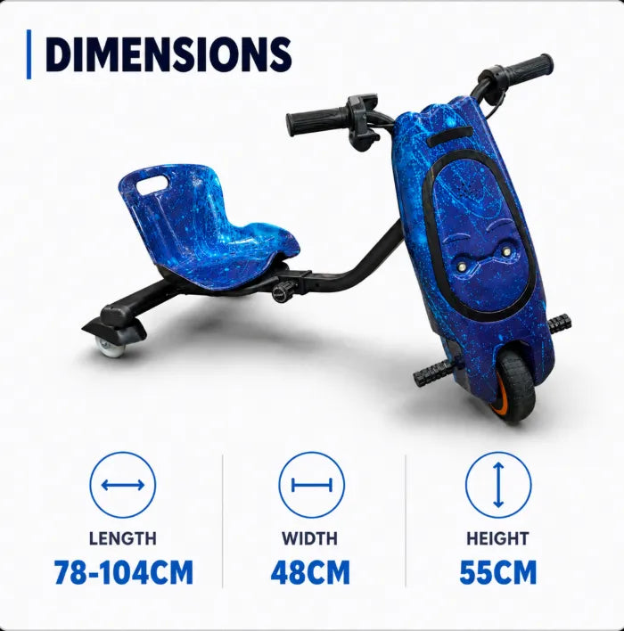 36V Electric Drift Scooter for Kids (Ages 4+) - 3-Speed Modes, 360° Rotating Tricycle, Bluetooth Music, Multicolor LED Lights, 250W Brushless Motor, Max Speed 15km/h, Includes Helmet & Safety Gears