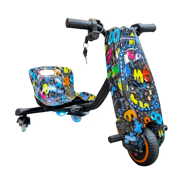 36V Electric Drift Scooter for Kids (Ages 4+) - 3-Speed Modes, 360° Rotating Tricycle, Bluetooth Music, Multicolor LED Lights, 250W Brushless Motor, Max Speed 15km/h, Includes Helmet & Safety Gears