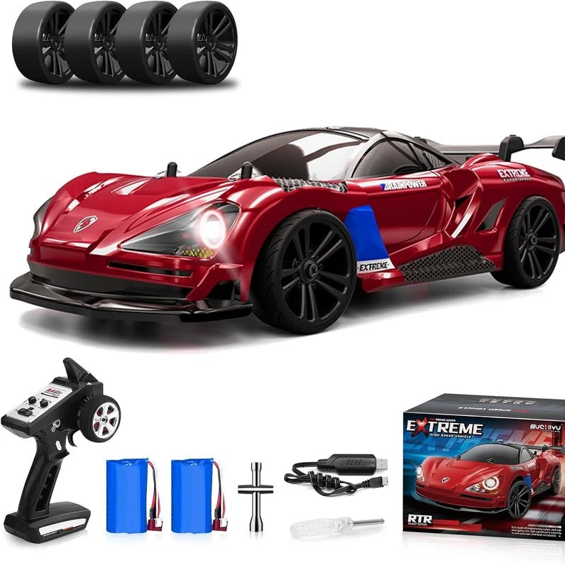 MY TOYS 1/16 RC Drift Car 4WD – 38KM/H High-Speed Remote Control Car with 6 LED Light Modes, 1 Battery & Dual Tire Sets (Racing & Drifting) for Kids & Adults