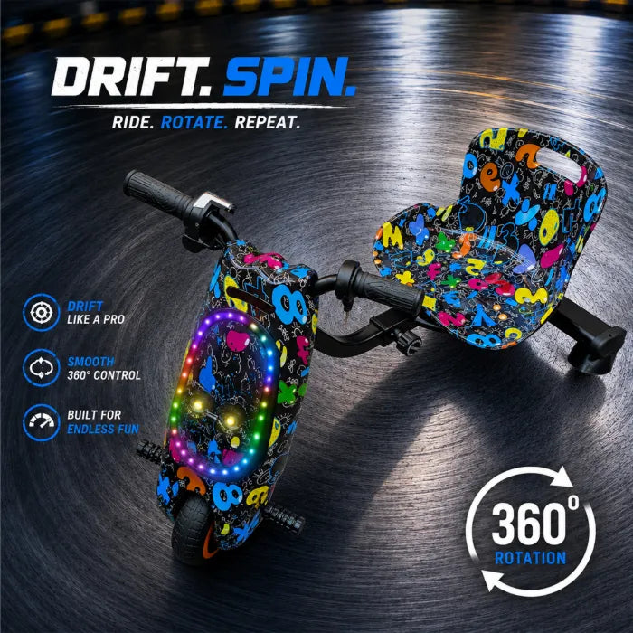 36V Electric Drift Scooter for Kids (Ages 4+) - 3-Speed Modes, 360° Rotating Tricycle, Bluetooth Music, Multicolor LED Lights, 250W Brushless Motor, Max Speed 15km/h, Includes Helmet & Safety Gears