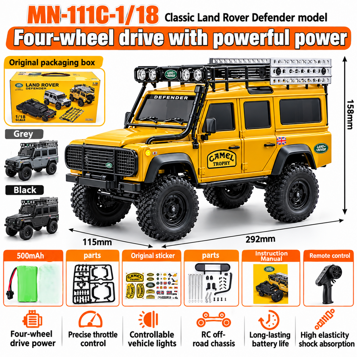 شاحنة MN-111C بمقياس 1/18، زاحفة تعمل بالتحكم عن بعد بنظام دفع رباعي 4WD، هيكل معدني وشاحنة صغيرة تعمل بالتحكم عن بعد مع محاور بوابية.