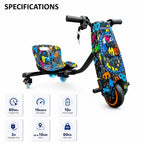 36V Electric Drift Scooter for Kids (Ages 4+) - 3-Speed Modes, 360° Rotating Tricycle, Bluetooth Music, Multicolor LED Lights, 250W Brushless Motor, Max Speed 15km/h, Includes Helmet & Safety Gears