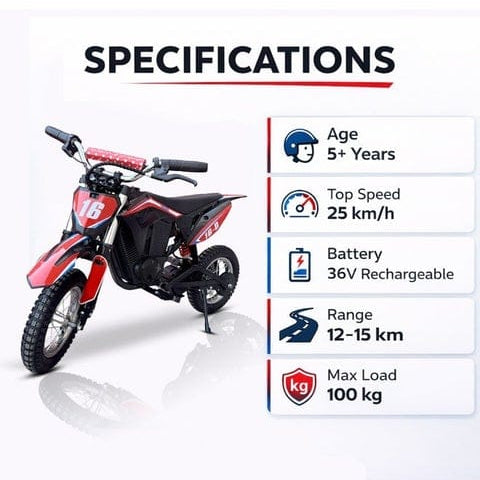 MYTOYS Kids Electric Dirt Bike 300W, 25km/h Speed, 15km Range, 36V Battery, Ages 5+