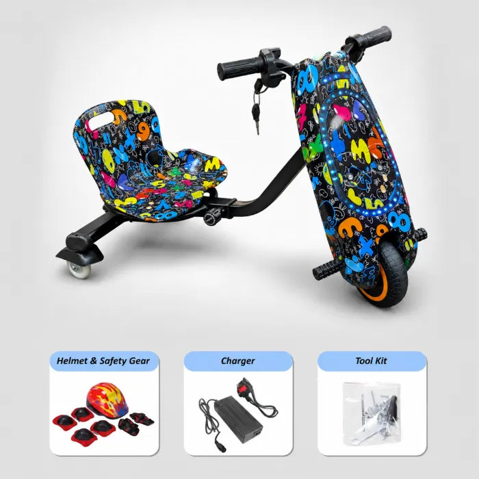 36V Electric Drift Scooter for Kids (Ages 4+) - 3-Speed Modes, 360° Rotating Tricycle, Bluetooth Music, Multicolor LED Lights, 250W Brushless Motor, Max Speed 15km/h, Includes Helmet & Safety Gears