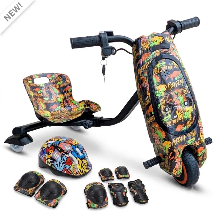 36V Electric Drift Scooter for Kids (Ages 4+) - 3-Speed Modes, 360° Rotating Tricycle, Bluetooth Music, Multicolor LED Lights, 250W Brushless Motor, Max Speed 15km/h, Includes Helmet & Safety Gears