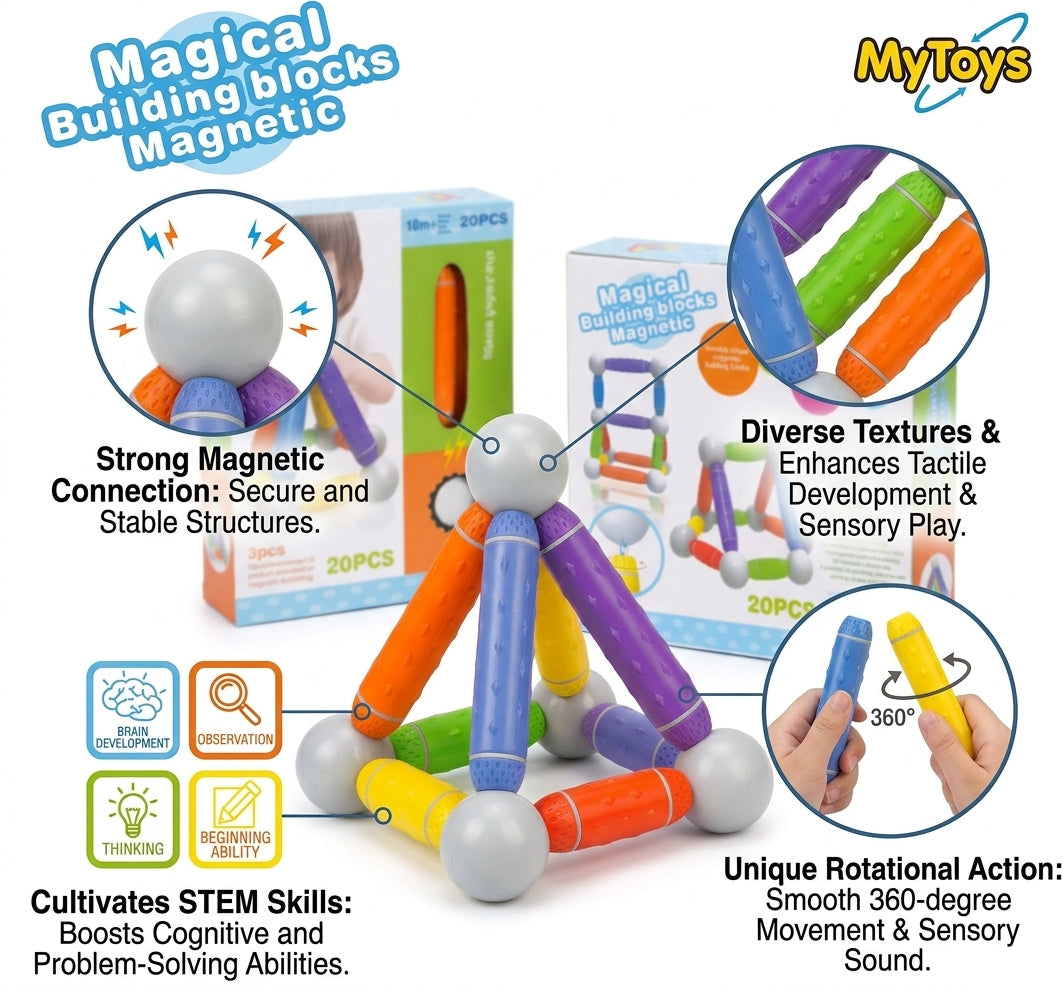 MYTOYS 20 Pcs Suction & Magnetic Building Blocks Set – 360° Rotating STEM Toy