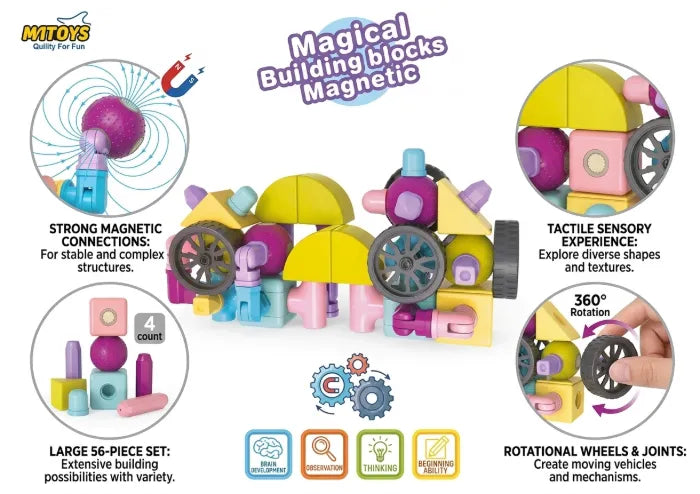 MYTOYS 3D Magnetic & Suction Building Blocks Set – STEM Educational Sensory Construction Toy with Rotational Wheels