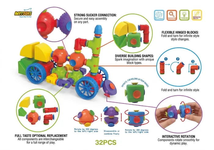 MYTOYS 32-Piece Magical Building Blocks Sucker Set – STEM Educational Sucker & Magnetic Construction Toy with Flexible Hinges