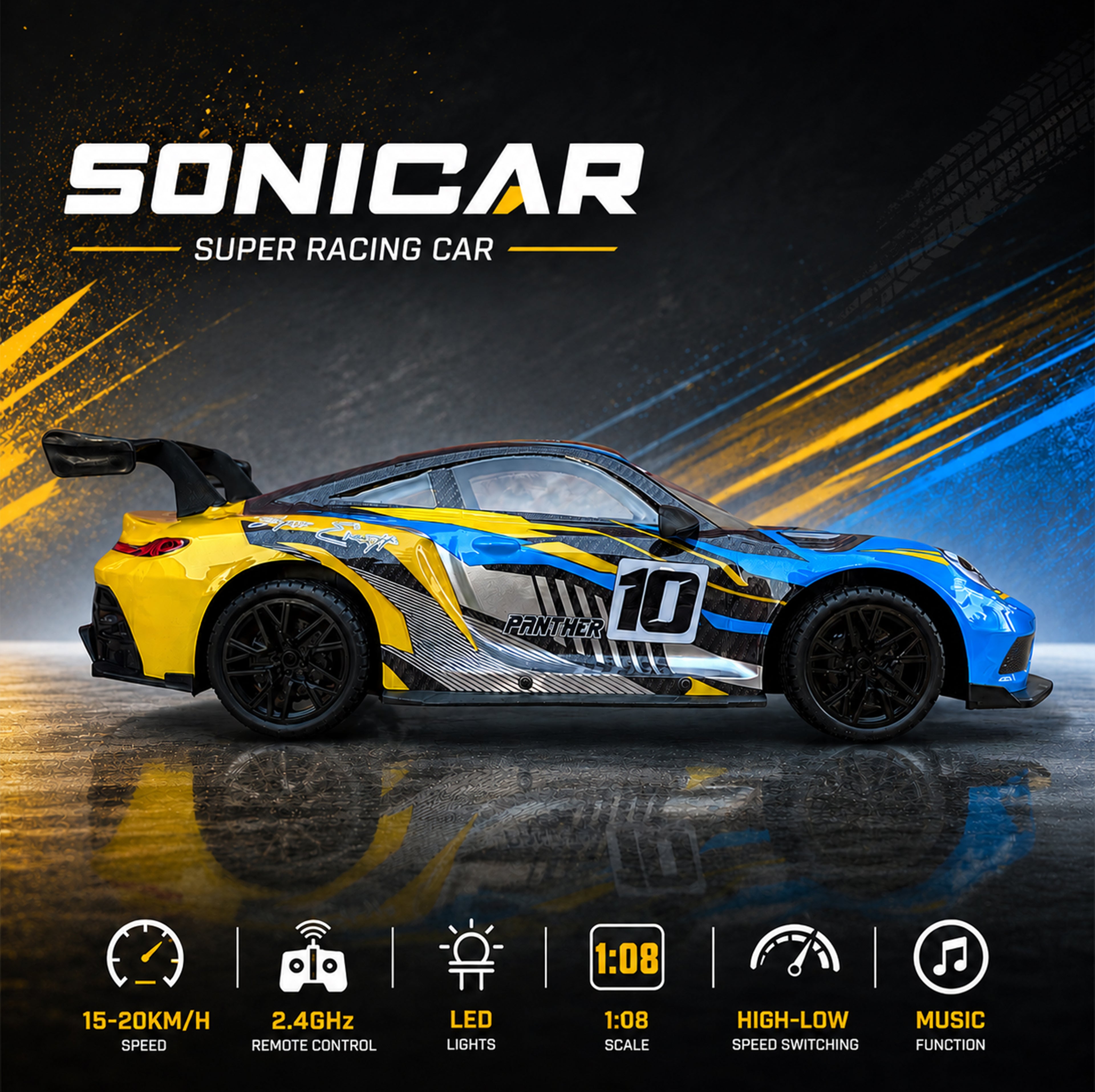 MYTOYS 1/18 SONICAR Nexus Racing Super RC Car with LED Lights, Exhaust Spray & Music