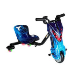 Children's blue scooter with seat and lights on a white background