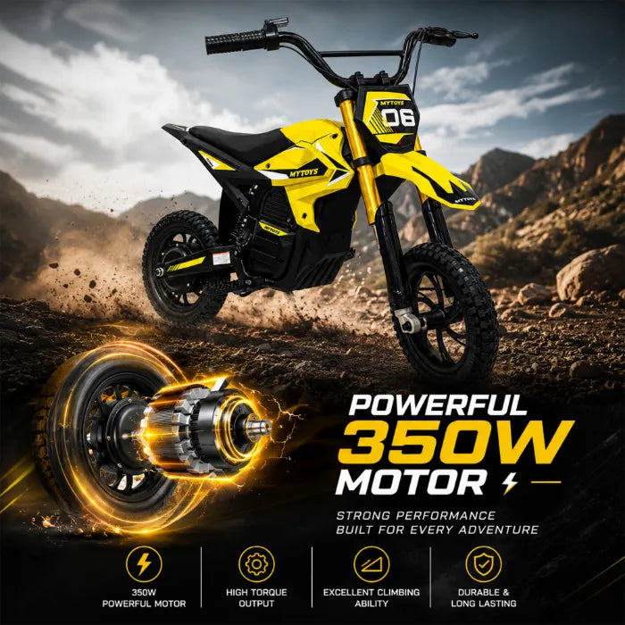 Kids Electric Dirt Bike – 350W, 25 km/h, 36V 4Ah, 6–8 km Range, 12" Pneumatic Tires & Rear Disc Brake