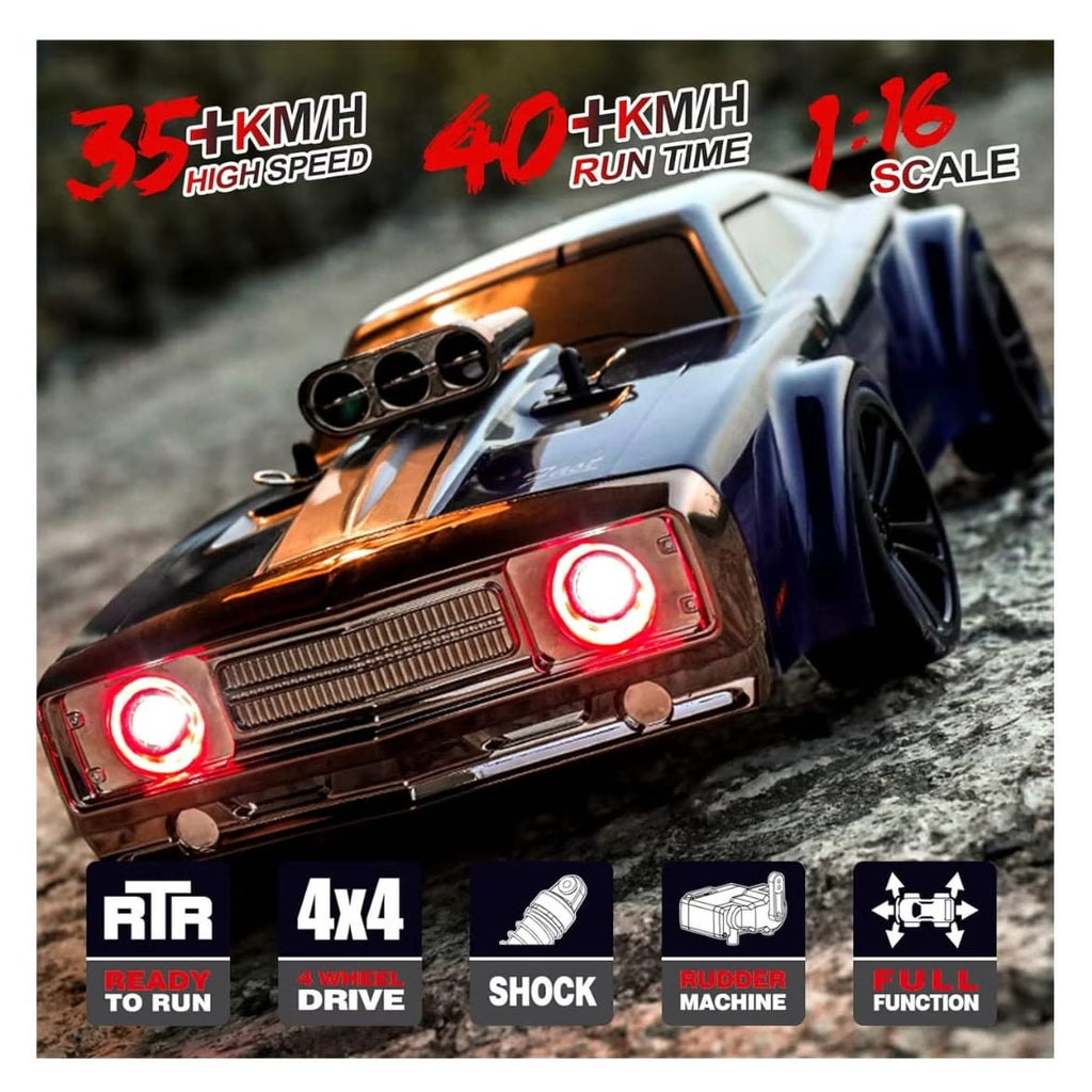 Mytoys 1:16 Scale High‑Speed RC Drift Car – 38 km/h 4WD Off‑Road Muscle Truck with LED Lights (Blue)