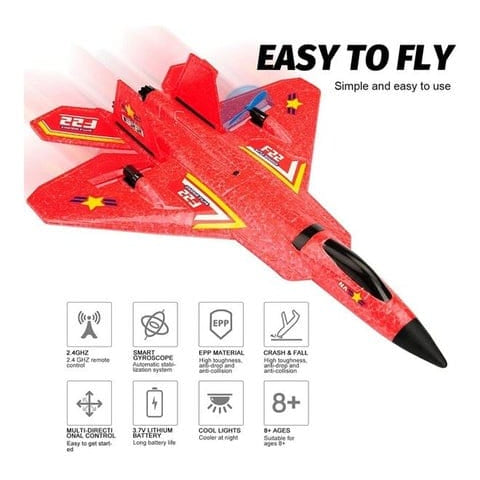 High‑Speed F22 Raptor RC Jet Plane with Gyro & LED Lights (RTF)-Red