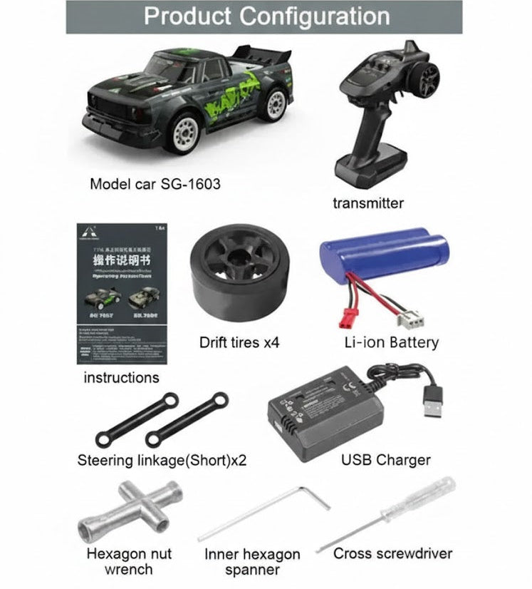 SG‑1603 RC Drift Car - 30km/h,  1:16, 4WD with LED Lights & Gyro Control