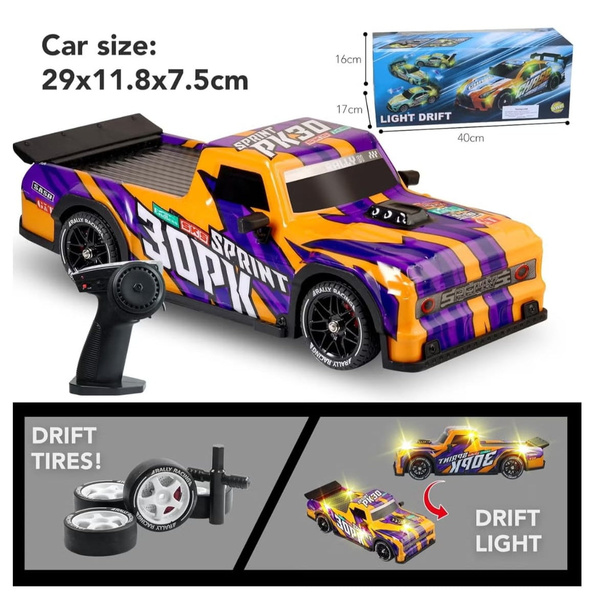 1:16 RC Drift Car with 2.4GHz Remote, 4WD Drifting Racing Truck, LED Lights, Dual Tires & RTR Design – Multicolour
