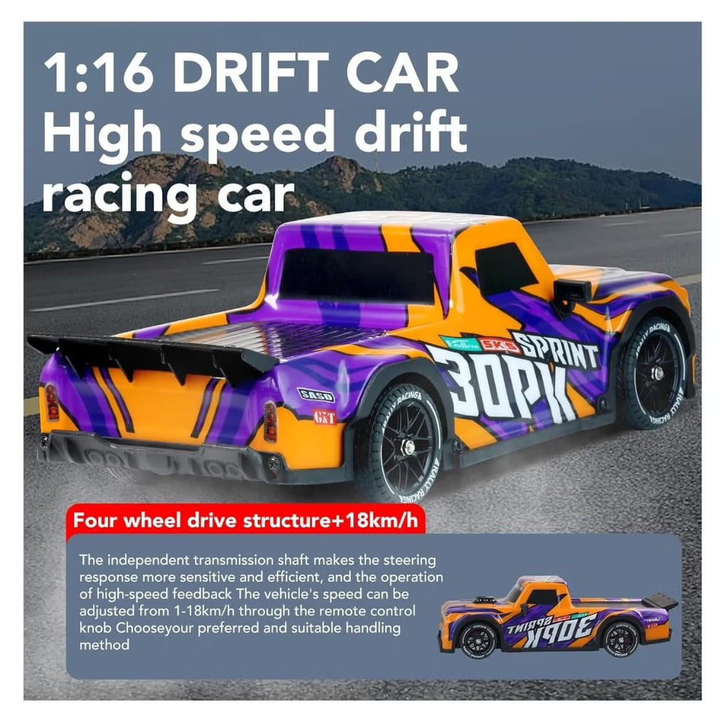 1:16 RC Drift Car - 18km/h, 2.4GHz Remote, 4WD Drifting Racing Truck, LED Lights, Dual Tires, Multicolours