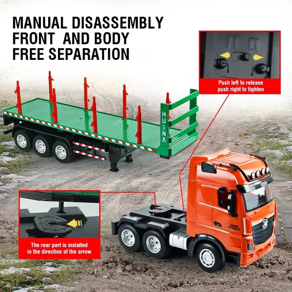 HuiNa 1313 1/18 Scale Remote Control Timber Transport Truck – 2.4G 9CH Heavy-Duty RC Construction Toy with LED & Sound (Orange)