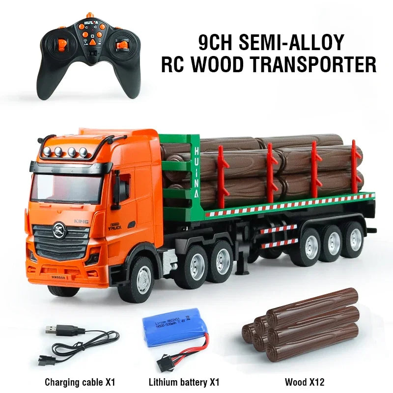 HuiNa 1313 1/18 Scale Remote Control Timber Transport Truck – 2.4G 9CH Heavy-Duty RC Construction Toy with LED & Sound (Orange)