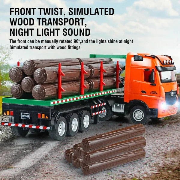 HuiNa 1313 1/18 Scale Remote Control Timber Transport Truck – 2.4G 9CH Heavy-Duty RC Construction Toy with LED & Sound (Orange)