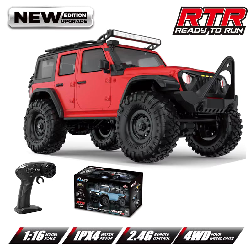 MYTOYS 1:16 Scale RC Rock Crawler - 4WD Off-Road Remote Control Car for Adults & Kids, Red Wrangler Style RTR Truck with 9kg High-Torque Steering Servo, LED Light Bar, All-Terrain Tires & 2.4GHz Remote