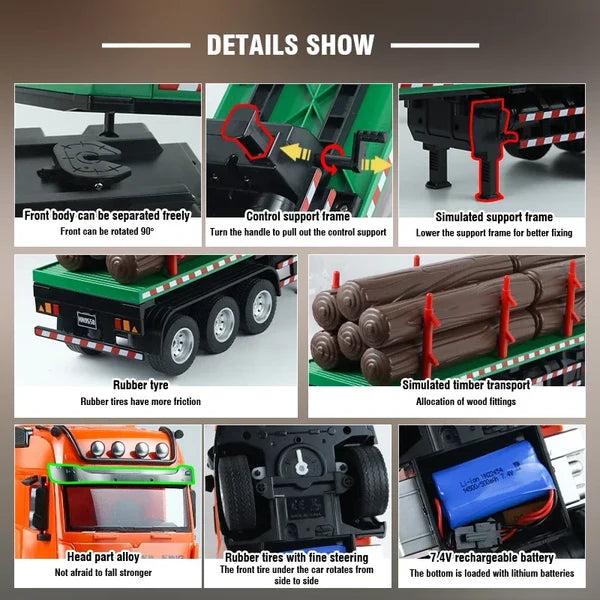 HuiNa 1313 1/18 Scale Remote Control Timber Transport Truck – 2.4G 9CH Heavy-Duty RC Construction Toy with LED & Sound (Orange)