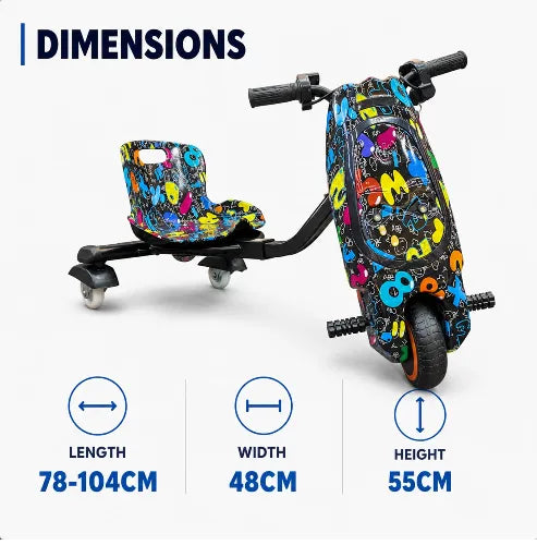 36V Electric Drift Scooter for Kids (Ages 4+) - 3-Speed Modes, 360° Rotating Tricycle, Bluetooth Music, Multicolor LED Lights, 250W Brushless Motor, Max Speed 15km/h, Includes Helmet & Safety Gears