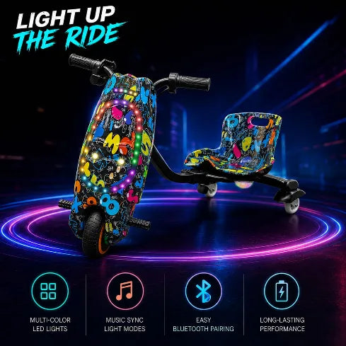 36V Electric Drift Scooter for Kids (Ages 4+) - 3-Speed Modes, 360° Rotating Tricycle, Bluetooth Music, Multicolor LED Lights, 250W Brushless Motor, Max Speed 15km/h, Includes Helmet & Safety Gears