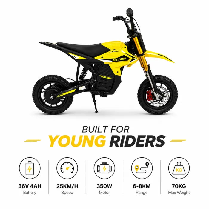 Kids Electric Dirt Bike – 350W, 25 km/h, 36V 4Ah, 6–8 km Range, 12" Pneumatic Tires & Rear Disc Brake