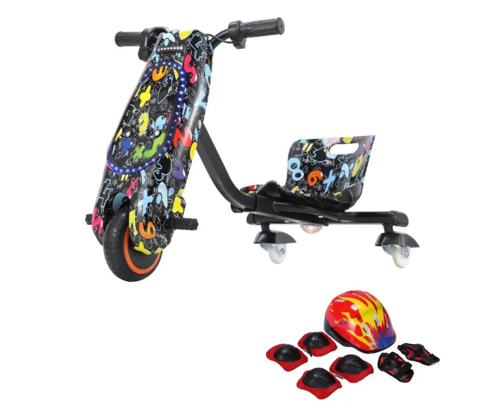 36V Electric Drift Scooter for Kids (Ages 4+) - 3-Speed Modes, 360° Rotating Tricycle, Bluetooth Music, Multicolor LED Lights, 250W Brushless Motor, Max Speed 15km/h, Includes Helmet & Safety Gears