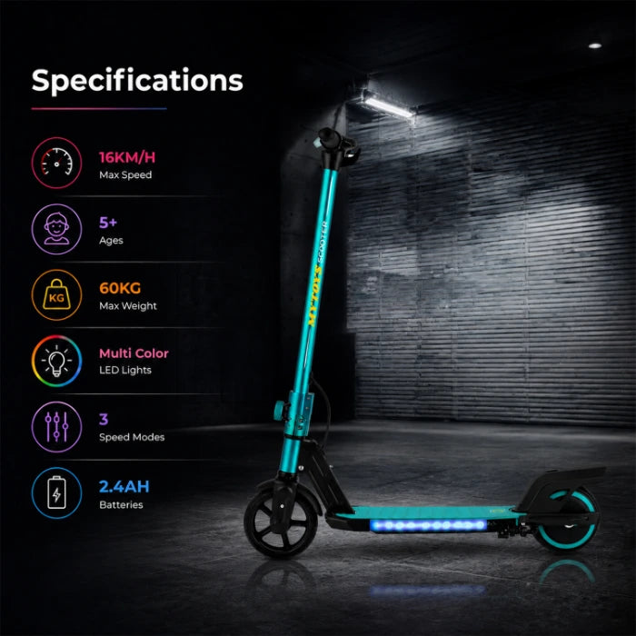 2-Wheel Kids Electric Scooter – 130W, 16 km/h, 21.6V, 8 km Range, LED Lights & Foldable