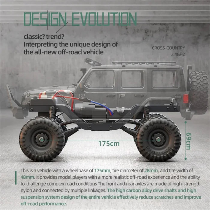 1:16 RC Rock Crawler - 10 km/h, 9KG Servo, 65m Range, LED Lights & RTR 4WD Off-Road Remote Control Car for Adults & Kids