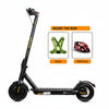 Electric scooter with safety gear items listed inside the box on a white background