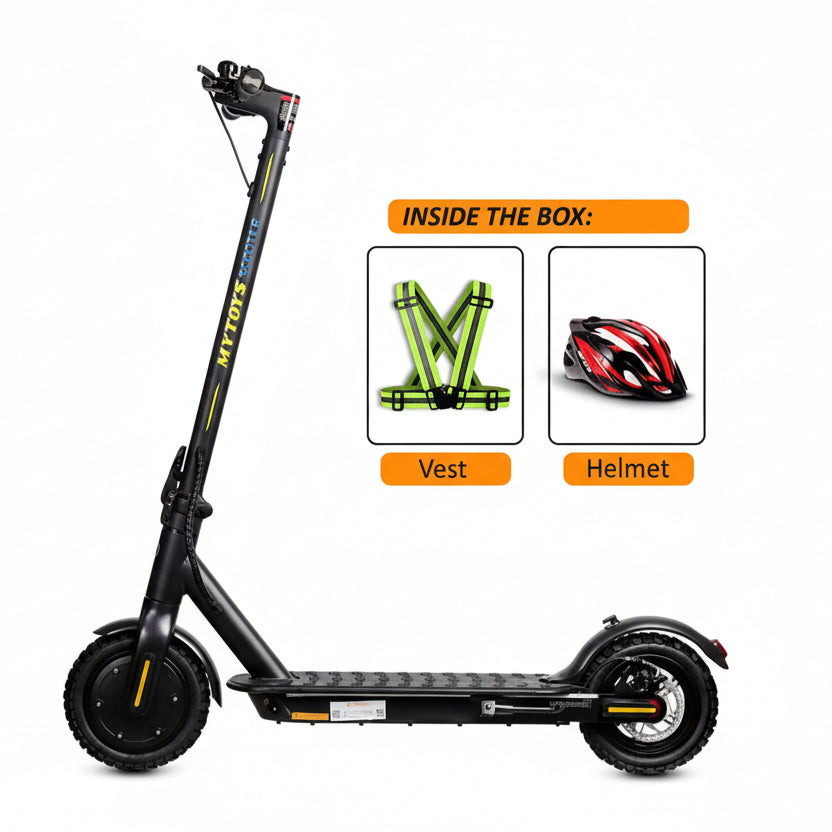 Electric scooter with safety gear items listed inside the box on a white background