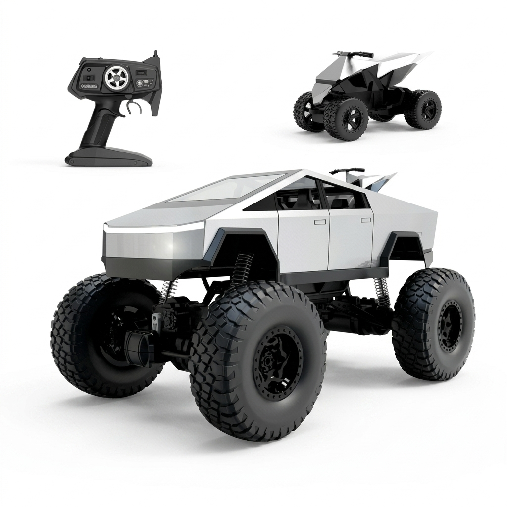 MYTOYS 1:8 Scale Tesla Cybertruck Monster RC Car – 4WD All-Terrain Off-Road Remote Control Truck with Metal Shell & LED Headlights (Silver)